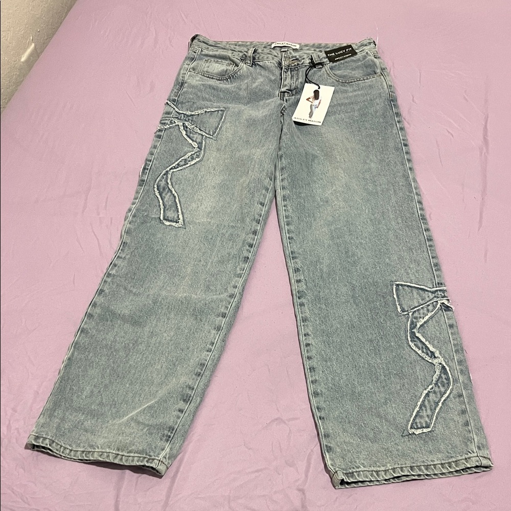 Ashley Mason Denim Flare Jeans with Bow Details